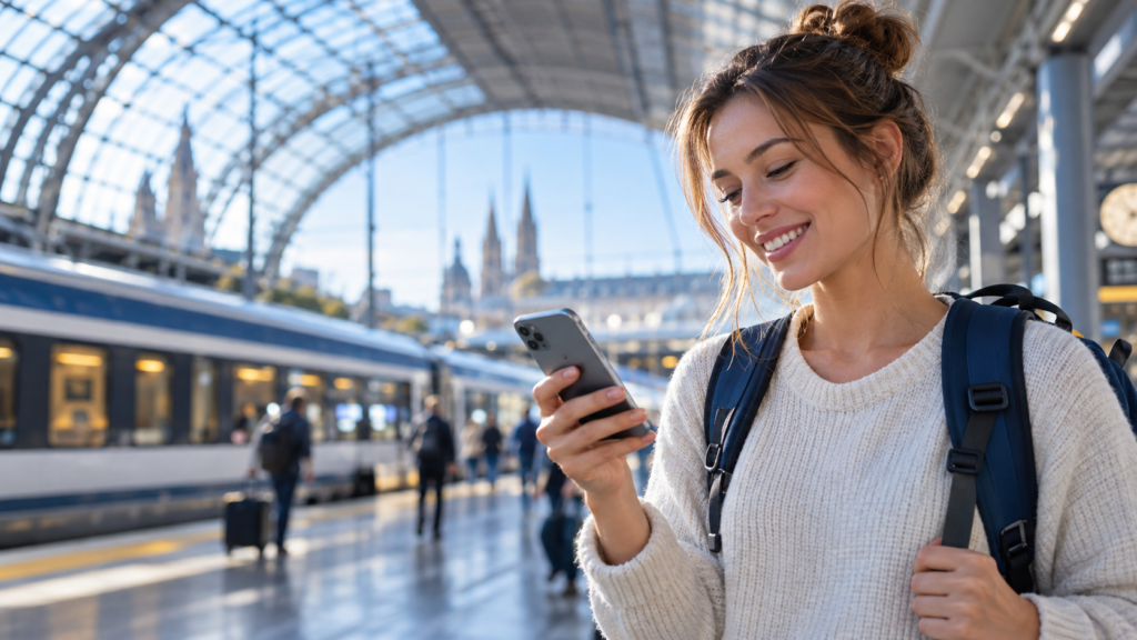 Tecnología 5G en un smartphone moderno para viajar conectado