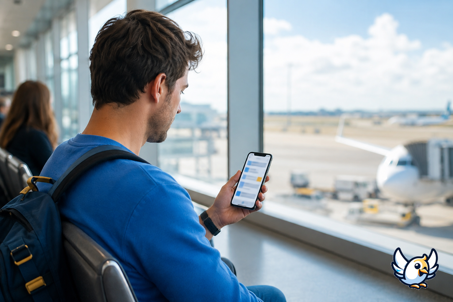 Traveller checking Three Go Roam destinations at an airport gate