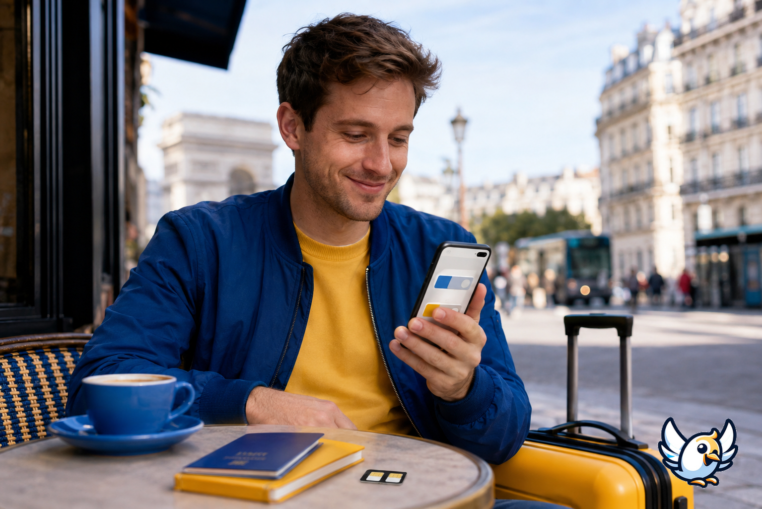 Traveller using an eSIM abroad while keeping a UK SIM active