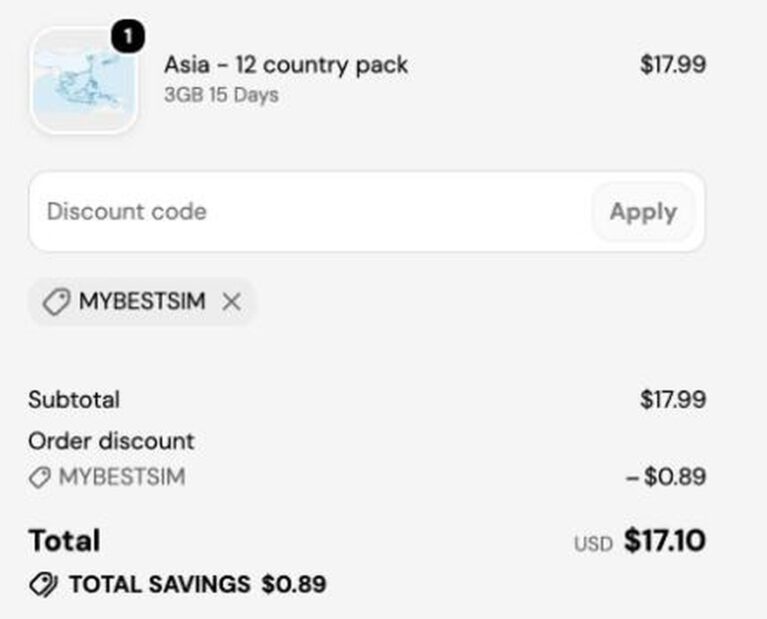 Resumen del pedido de TravelSim Asia con el código descuento MYBESTSIM aplicado y -5% de descuento