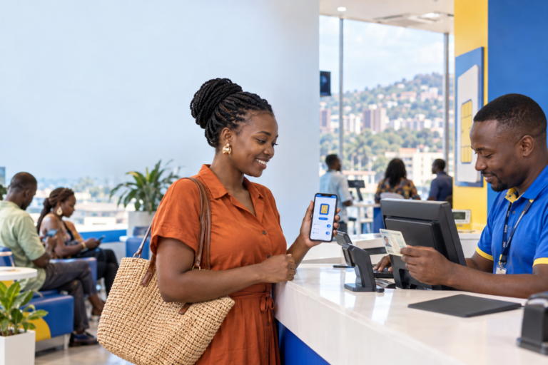 Uganda SIM card law: customer verifying SIM registration at a Kampala telecom shop