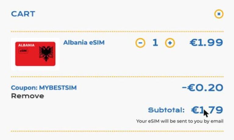 Ordreoversigt fra Upesim med rabatkoden MYBESTSIM anvendt og -10% rabat