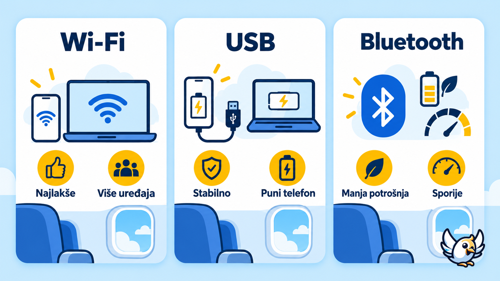 Usporedba povezivanja na hotspot putem Wi‑Fi mreže, USB-a i Bluetootha