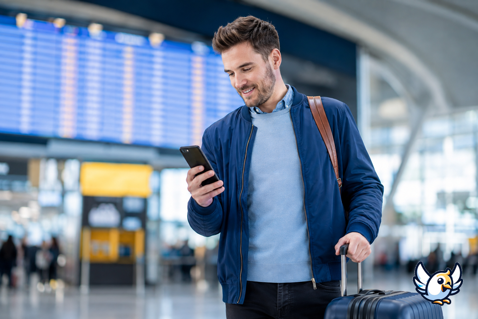 Utazó eSIM mobilinternetet használ nemzetközi repülőtéren indulás előtt
