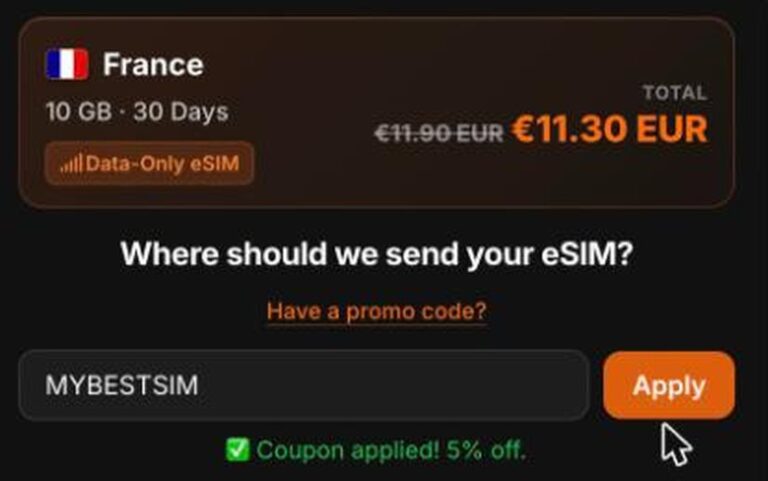 Ordresammendrag fra Via Conecta med rabattkoden MYBESTSIM brukt og -5% rabatt