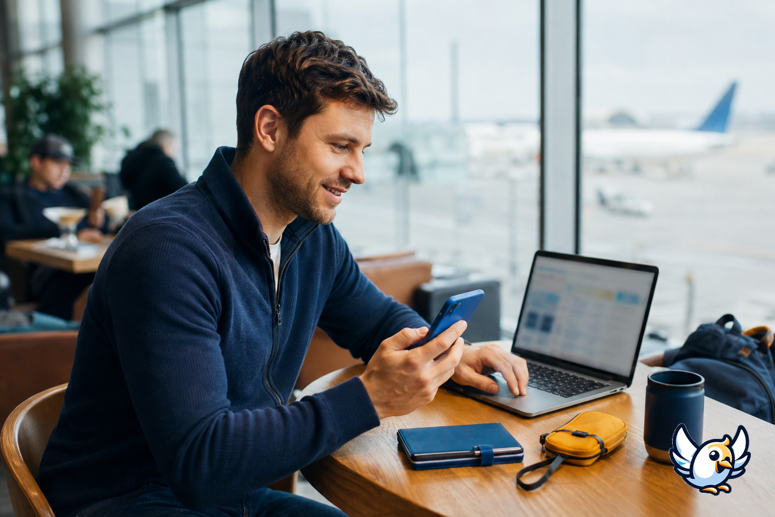 Viajero comparando opciones de internet móvil en una mesa de aeropuerto