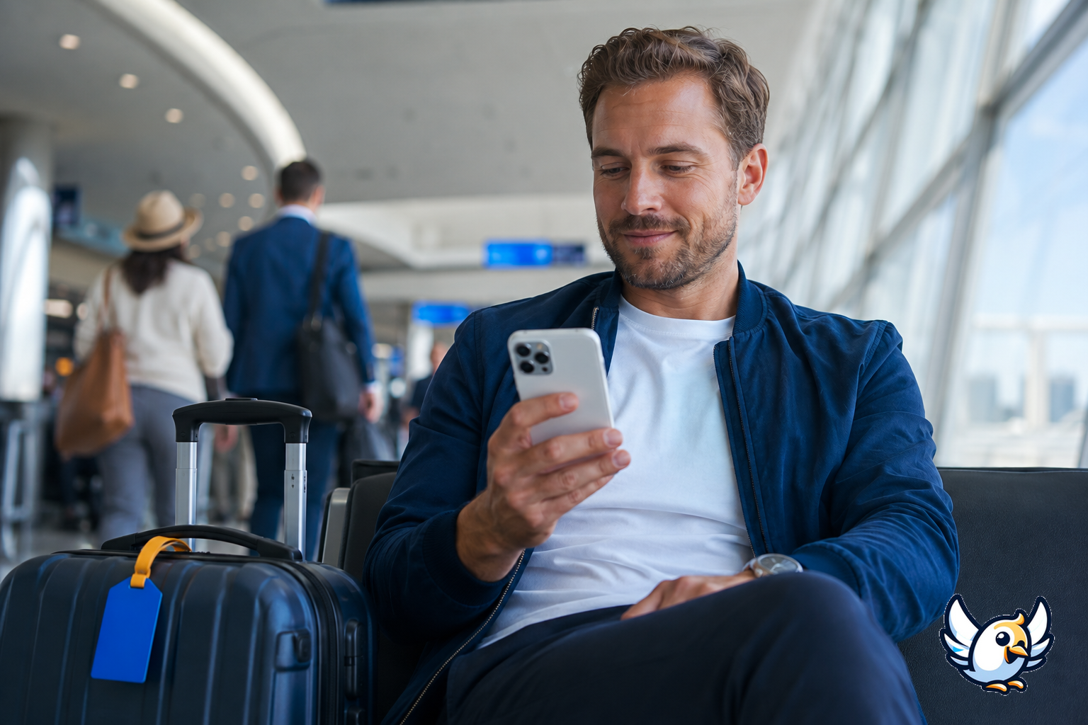 Viajero usando un iPhone dual SIM en el aeropuerto