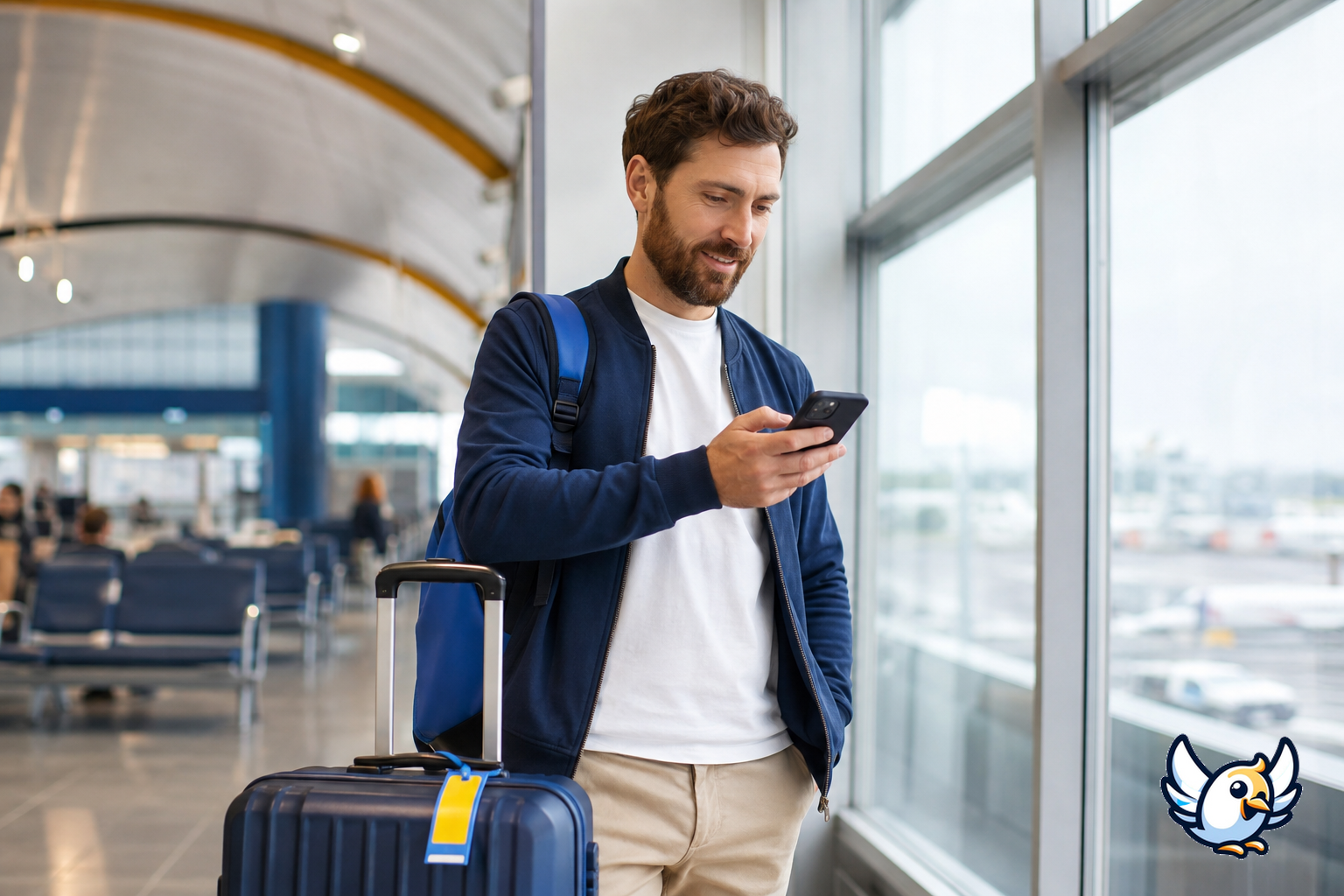 Voyageur à l’aéroport vérifiant sa connexion mobile après activation eSIM