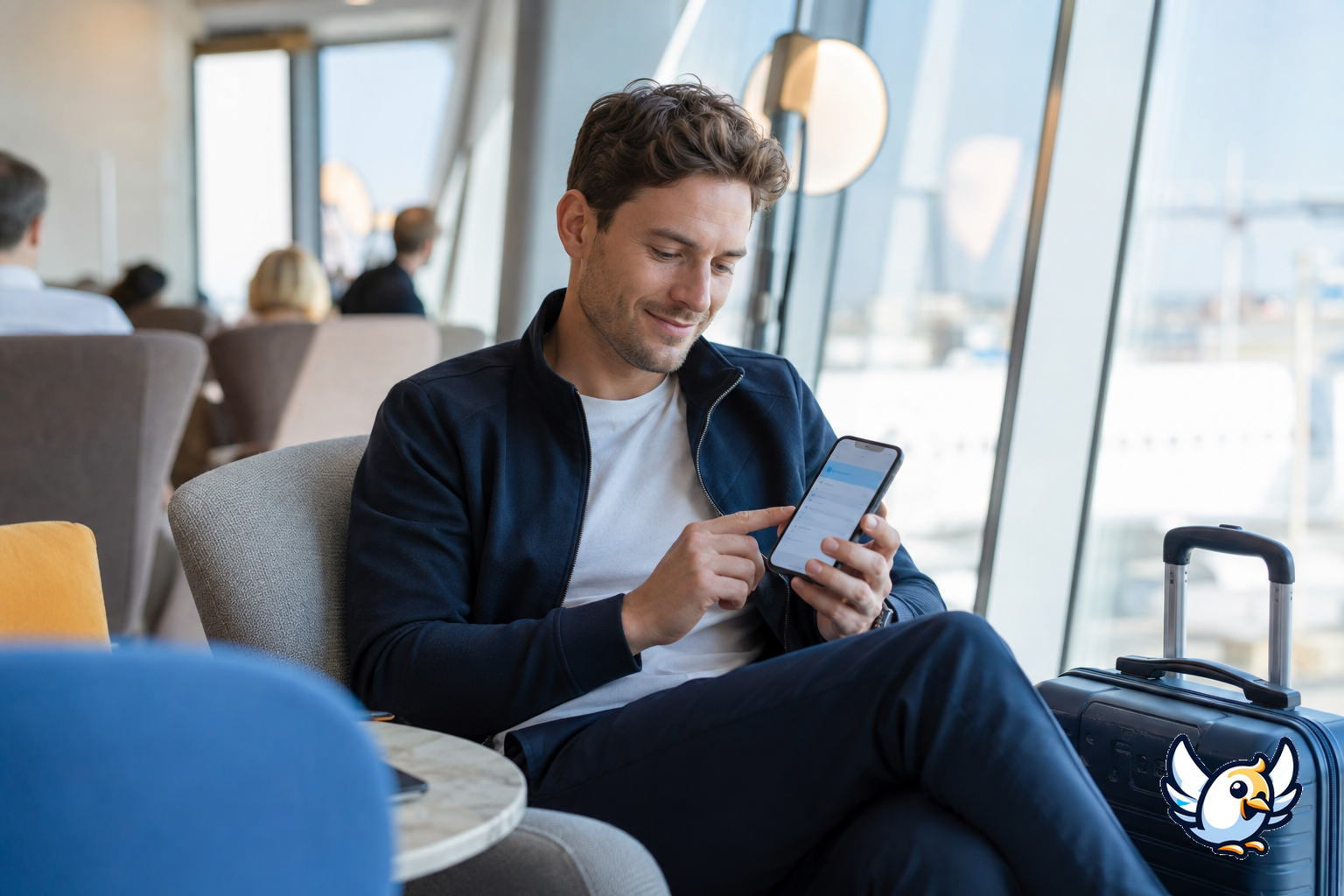 Voyageur configurant une eSIM sur iPhone dans un salon d’aéroport