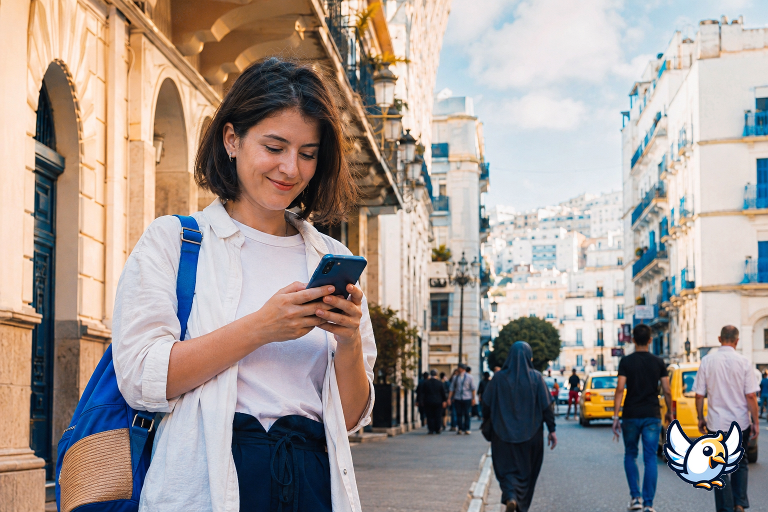 Voyageur consultant son téléphone dans une rue animée d’Alger avec une eSIM Algérie