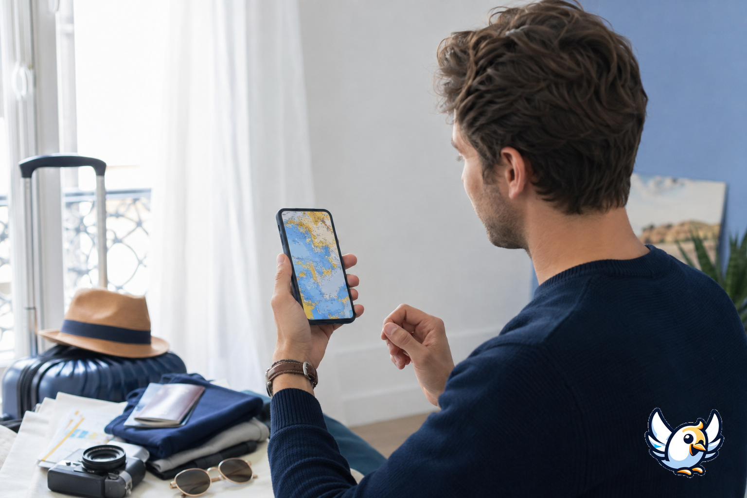 Voyageur français vérifiant la couverture mobile Free Mobile de sa destination avant le départ