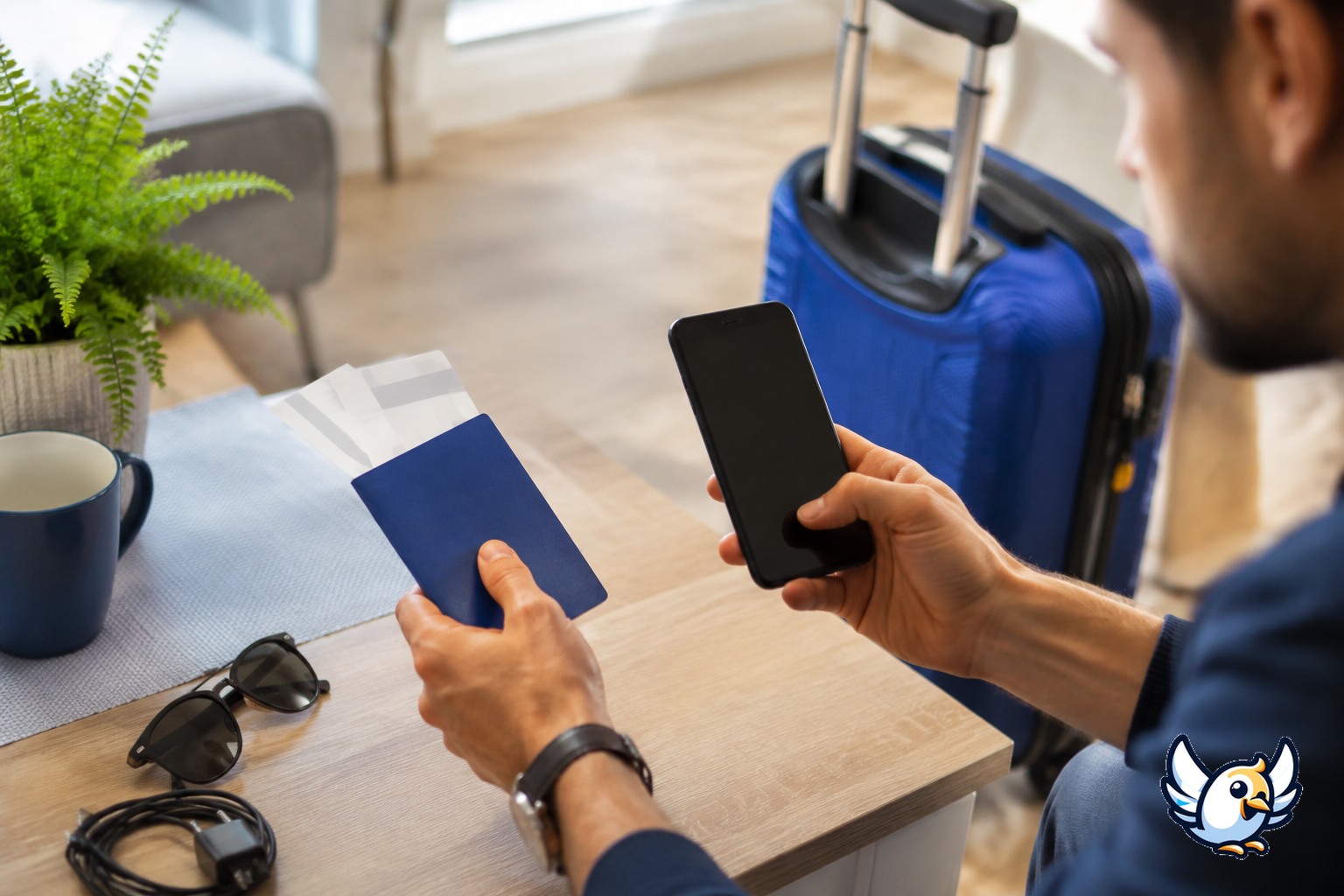 Voyageur préparant son eSIM et ses documents avant un départ international