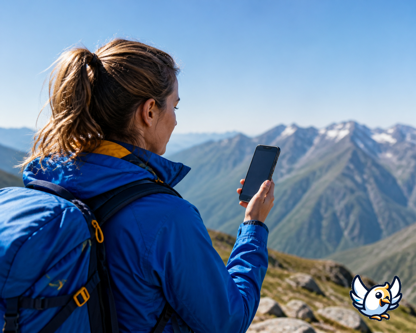 Voyageur utilisant un iPhone en montagne avec une couverture mobile limitée