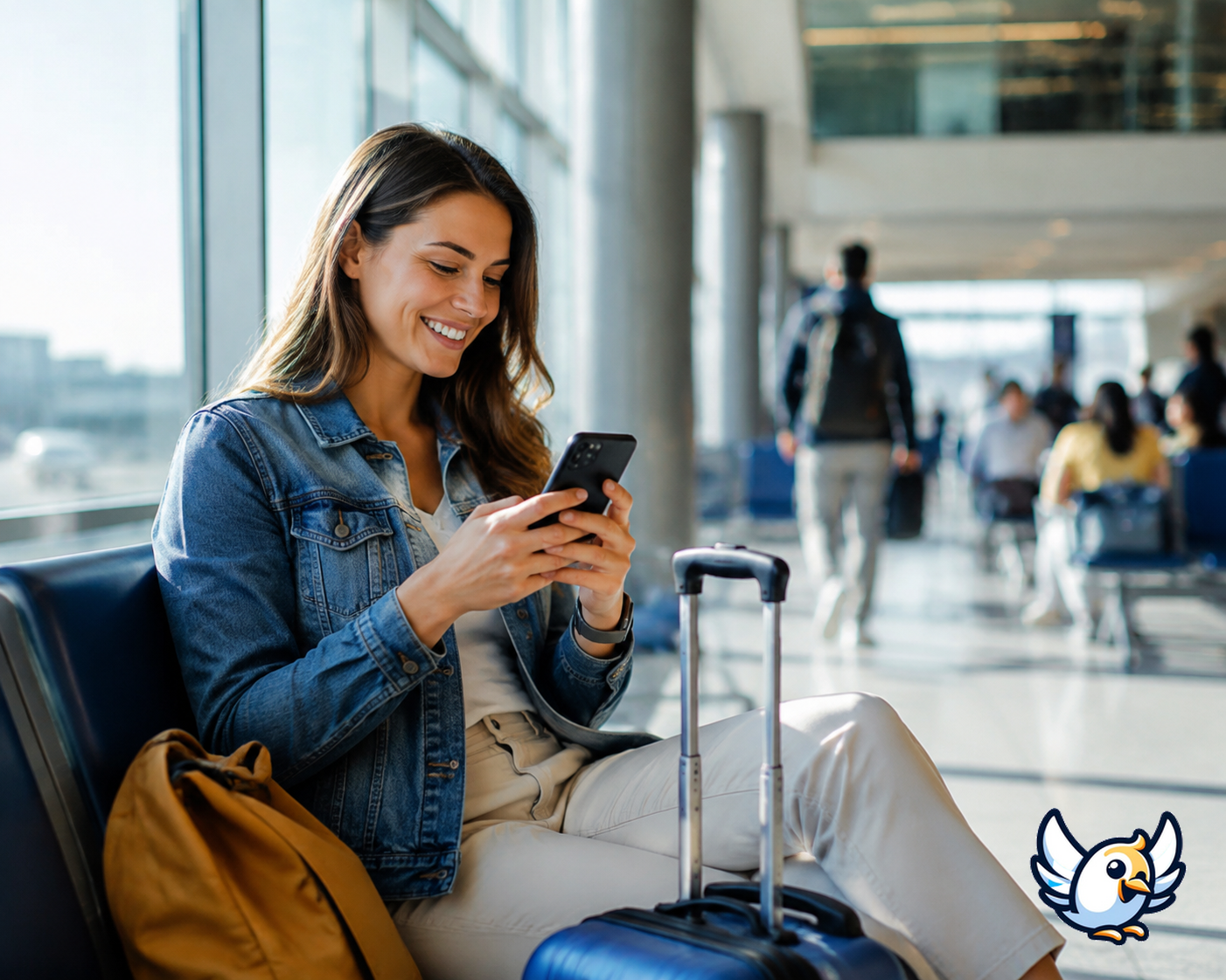 Voyageur utilisant une eSIM avec VPN sécurisé dans un aéroport