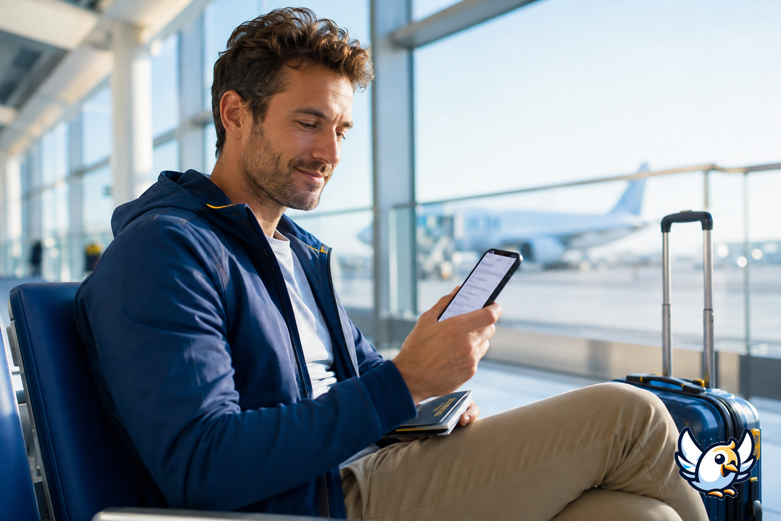 Voyageur utilisant une eSIM sur smartphone dans un aéroport avant un vol international