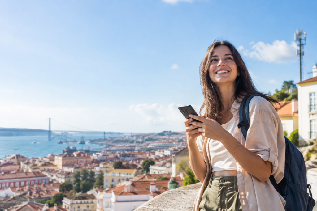What is mobile data: traveler using a smartphone on a cellular network