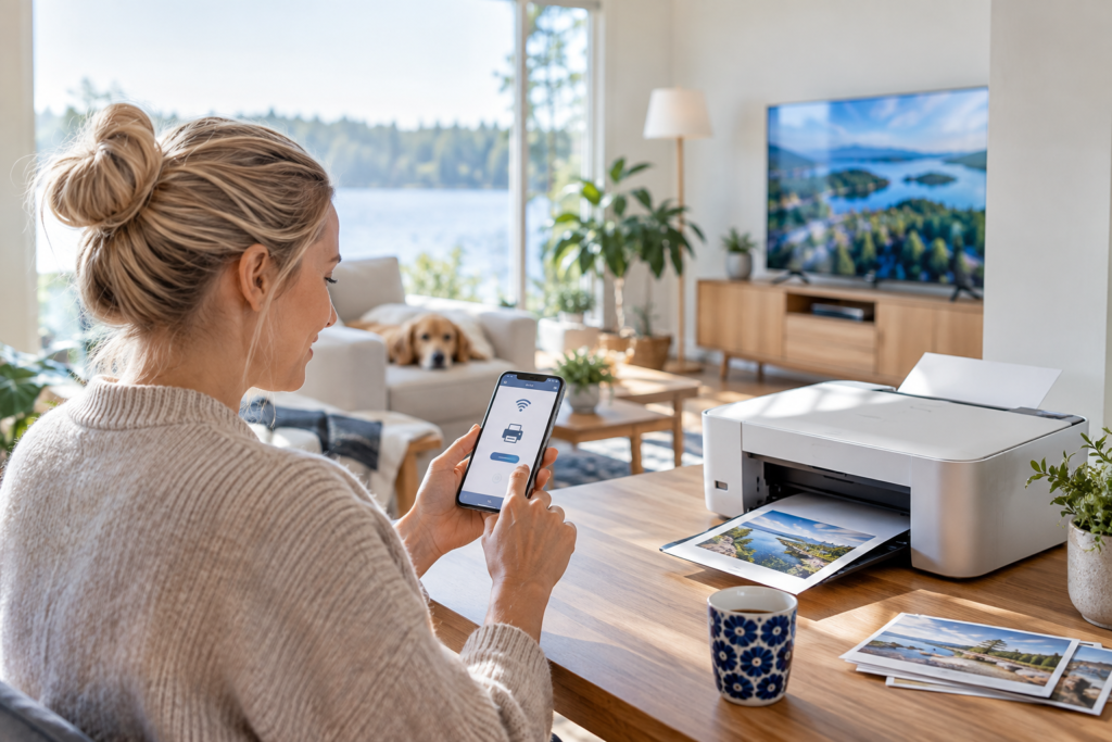 Wi-Fi Direct käytössä puhelimen, tulostimen ja television välillä
