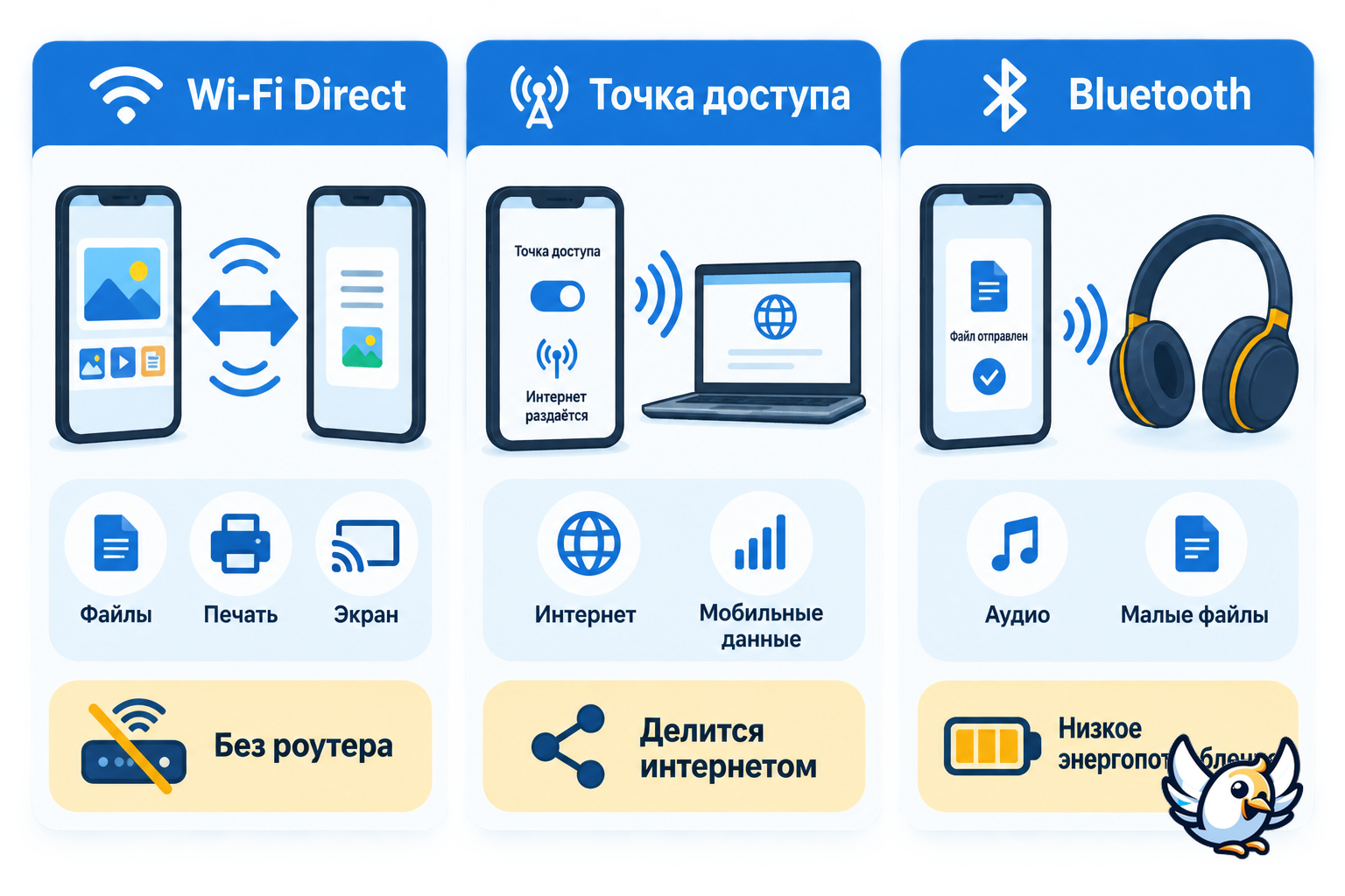 Wi‑Fi Direct, точка доступа и Bluetooth: наглядное сравнение способов подключения