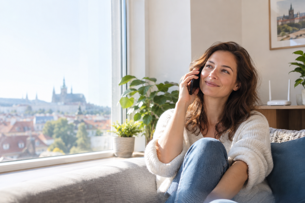 Wi‑Fi volání v Česku: žena telefonuje doma přes bezdrátovou síť