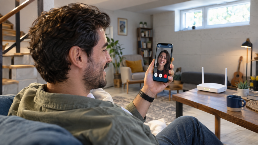 WiFi arama kullanan bir kişinin akıllı telefonla evde görüşme yapması