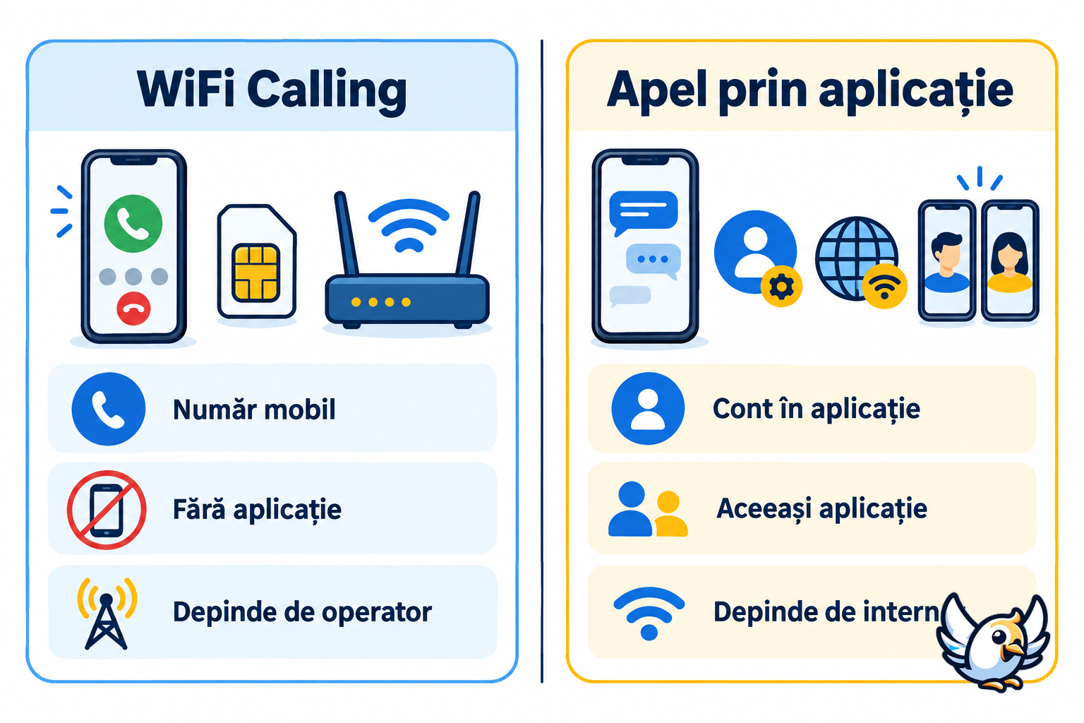 WiFi Calling versus apel prin aplicație: diferențe de număr, cont și conexiune
