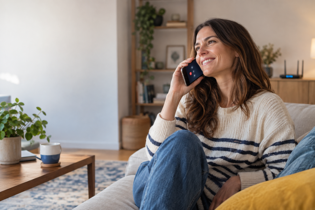 WiFi hívás: telefonáló nő stabil otthoni Wi-Fi-kapcsolattal