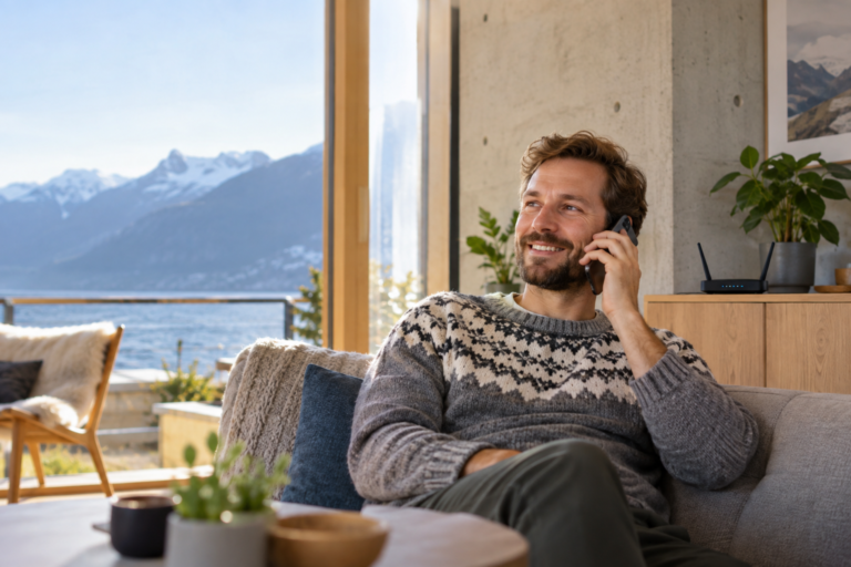 WiFi Tale i Norge: person ringer med stabil forbindelse over trådløst nett innendørs