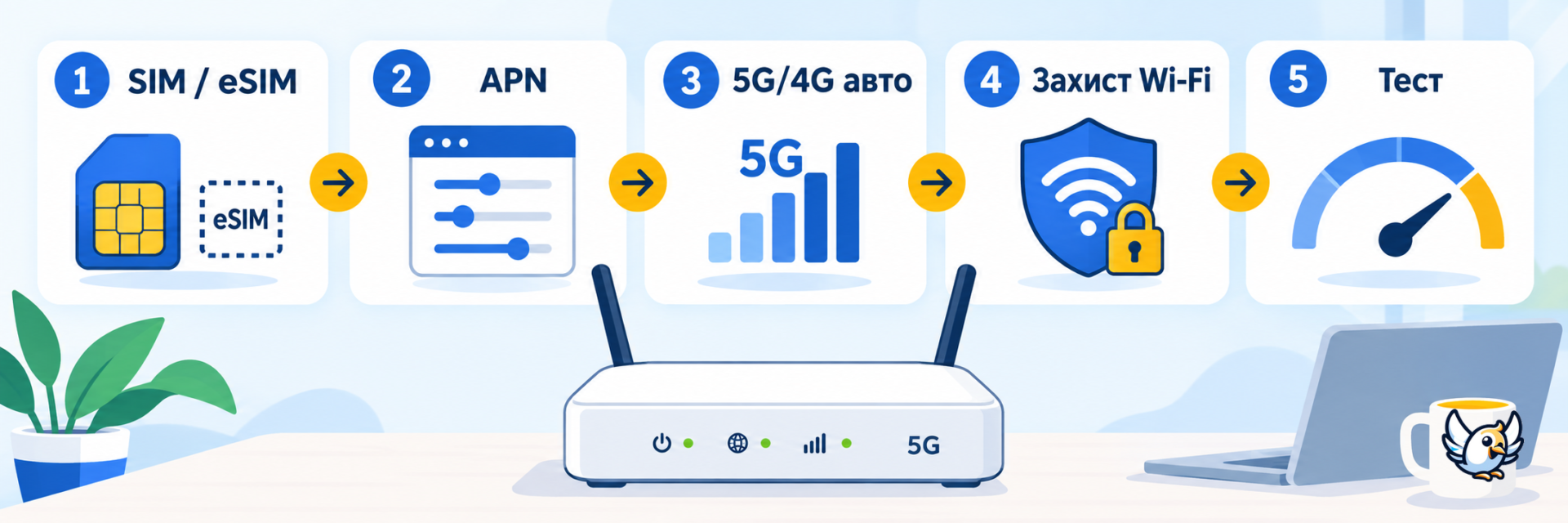 Як налаштувати 5G-модем: SIM, APN, мережа, безпека і тест швидкості