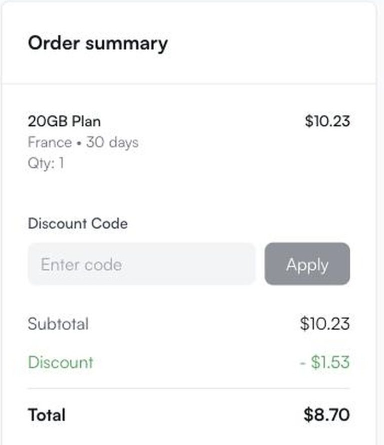 Ordresammendrag fra Yatelo med rabattkoden MYBESTSIM brukt og -15% rabatt