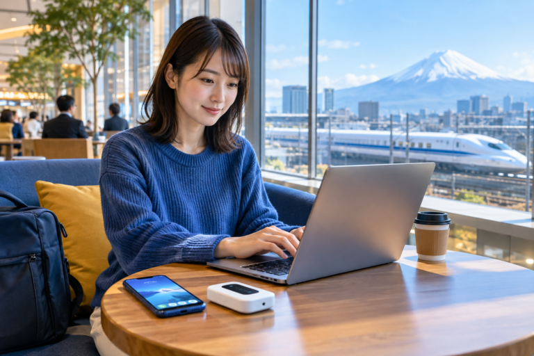 モバイルWiFiを使って外出先でノートパソコンを操作する日本人旅行者