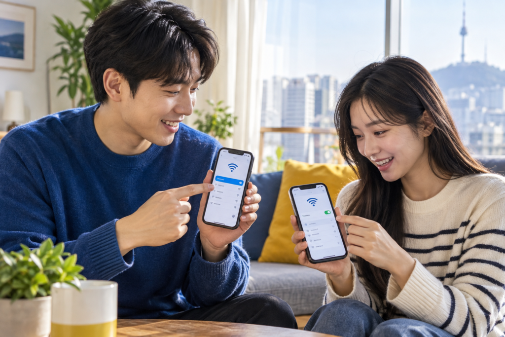 아이폰 와이파이 비밀번호 공유 방법을 사용하는 두 사람