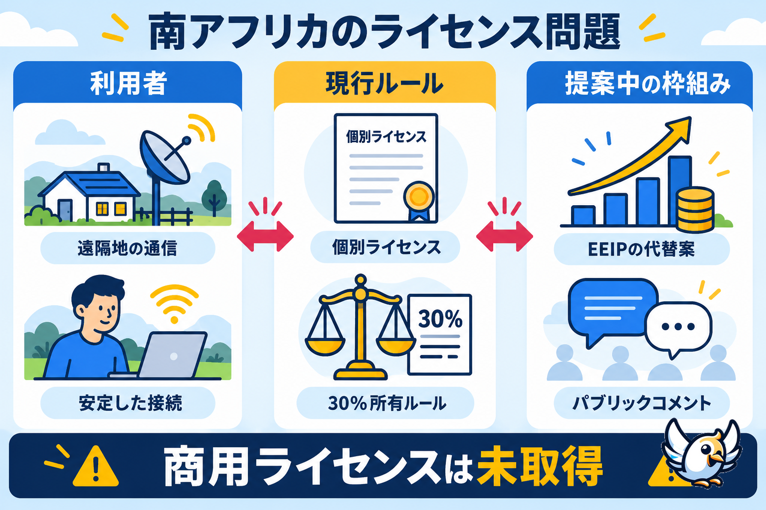 南アフリカのStarlinkライセンス問題を利用者・現行ルール・EEIP案で整理した図