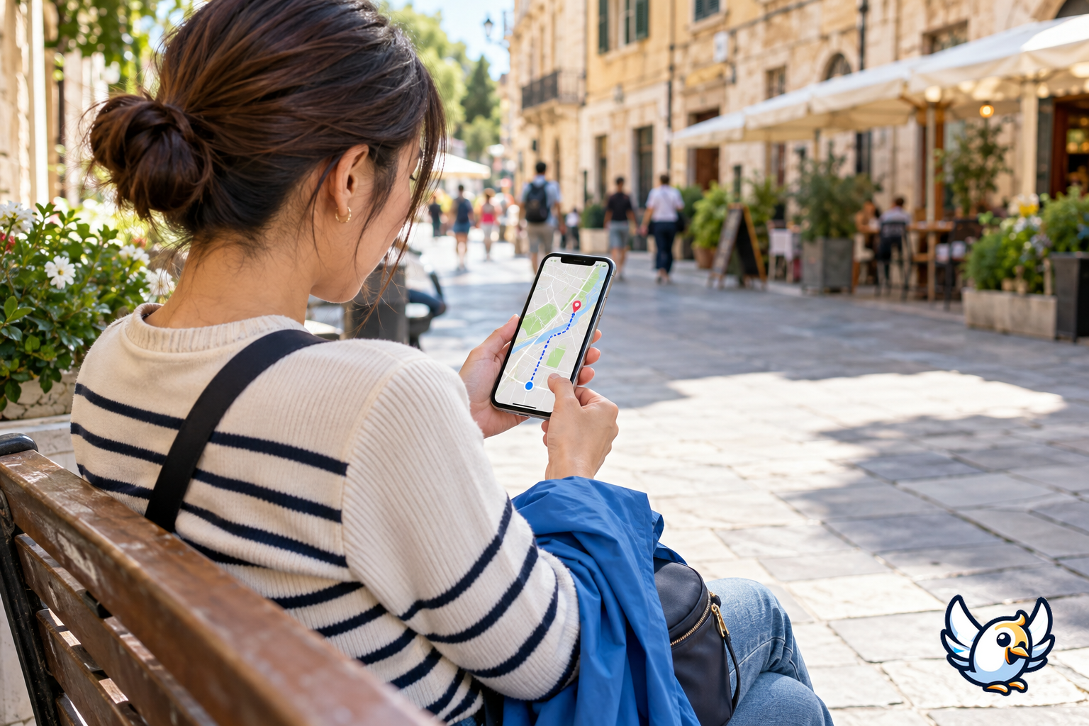 海外旅行中にスマートフォンの地図を確認する旅行者と小型ショルダーバッグ