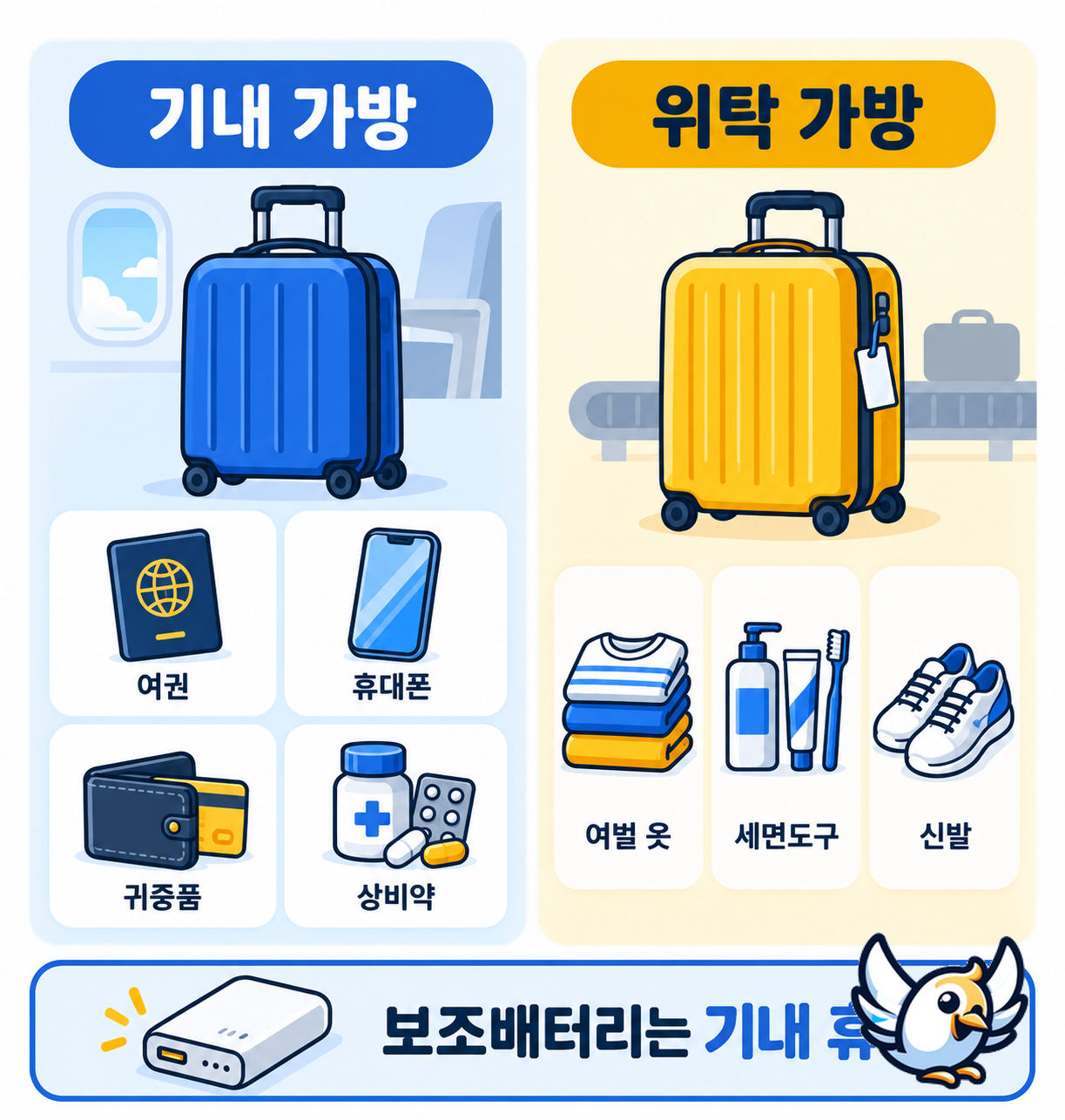 해외여행 준비물 중 기내 가방과 위탁 가방에 나눠 챙길 물건 안내