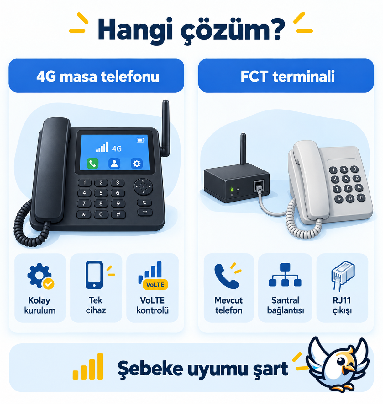 4G VoLTE masa telefonu ve FCT terminali karşılaştırması