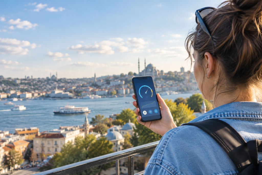 5G hızı testi yapan kullanıcı ve İstanbul'da mobil bağlantı deneyimi
