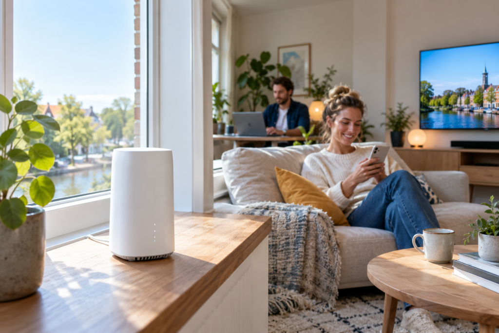 5G internet thuis met een 5G-modem bij het raam in een moderne Nederlandse woonkamer
