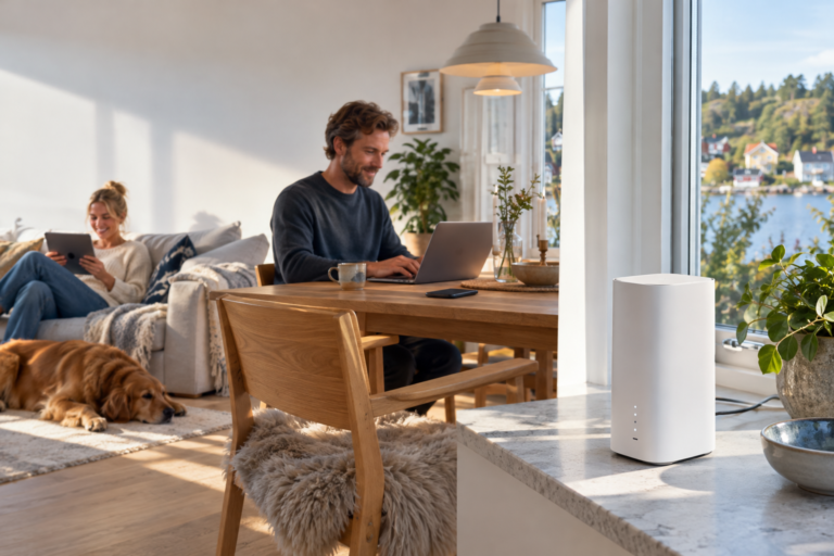 5G mobilt bredband i svenskt hem med router och uppkopplade enheter