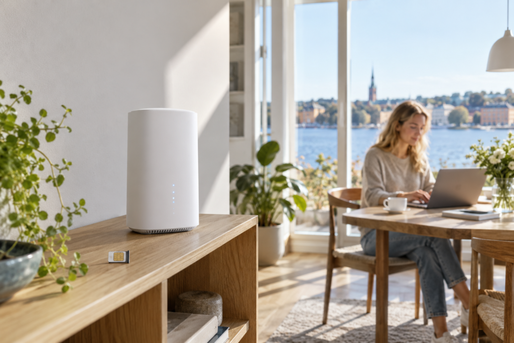 5G-router med SIM-kort i ett svenskt hem 2026