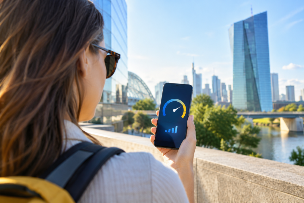 5G sebességteszt okostelefonon modern városi környezetben