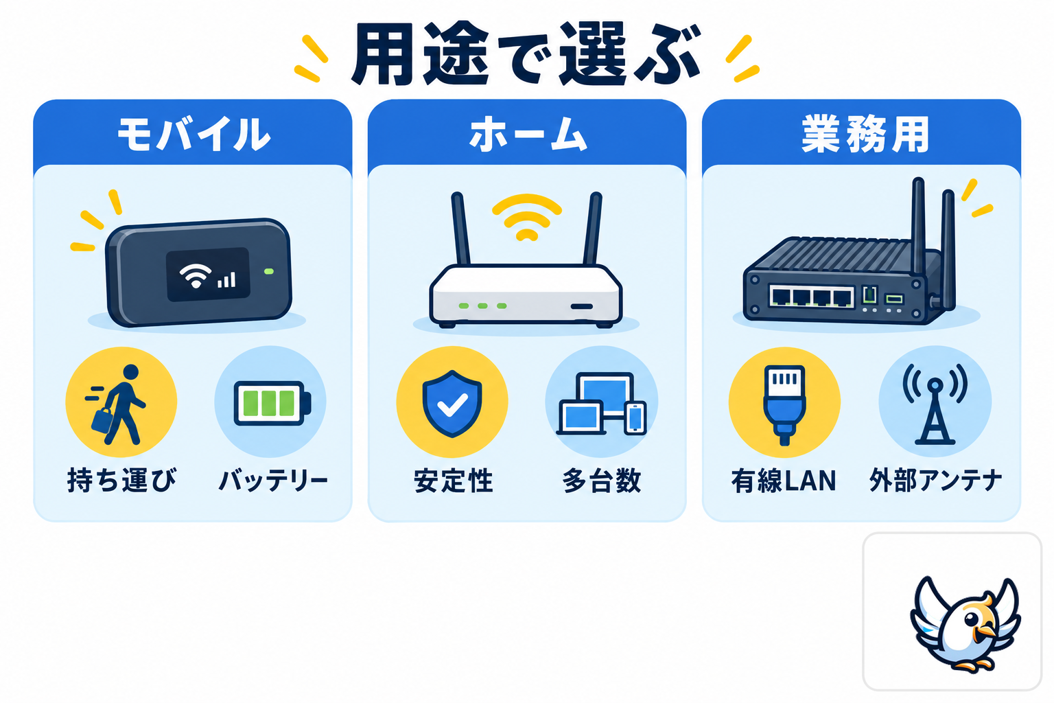 5G SIMフリールーターをモバイル・ホーム・業務用で比較する図