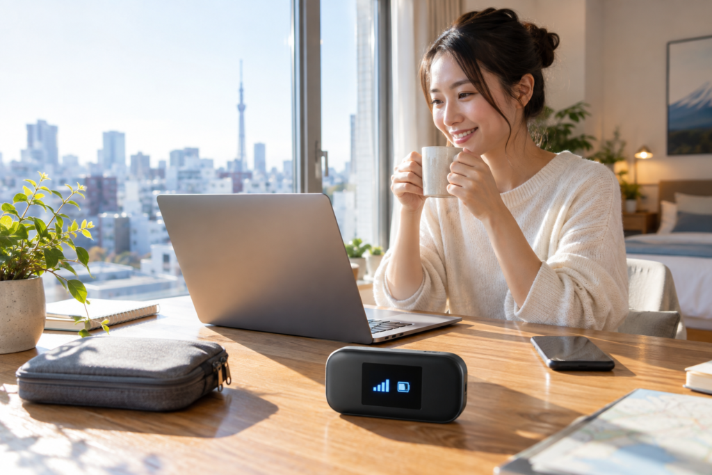 5G SIMフリールーターをノートPCとスマホで使う日本のワークスペース