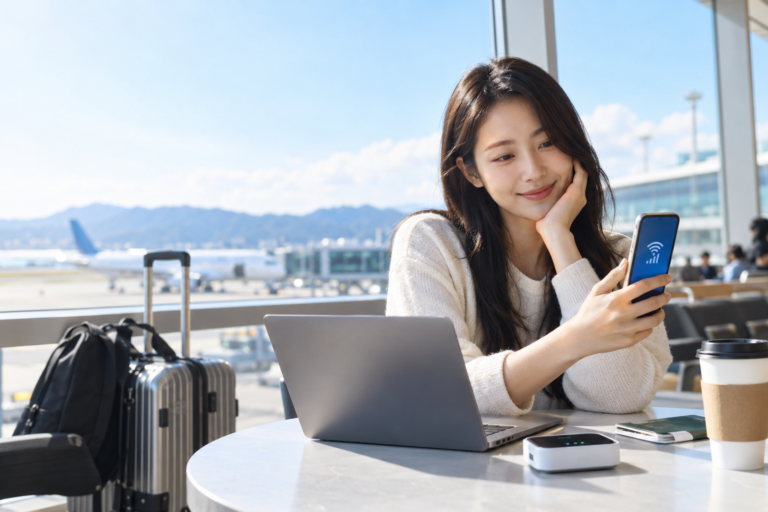 5G 유심 라우터로 여러 기기를 연결하는 한국인 여행자