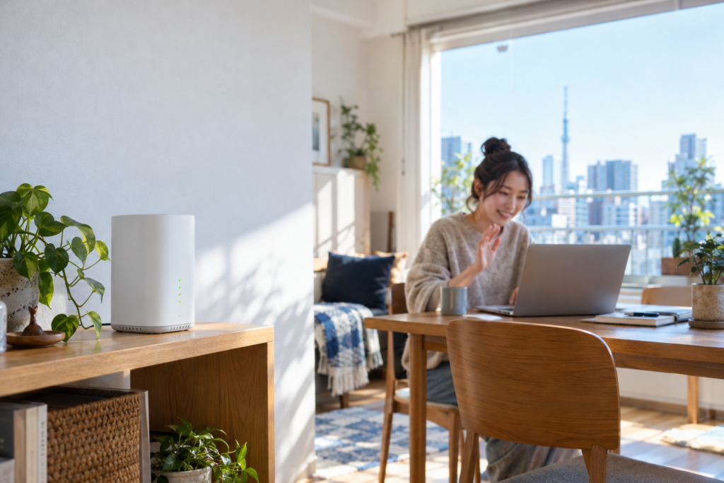 5Gホームルーターを窓際に設置した日本の住まいと在宅ワーク環境