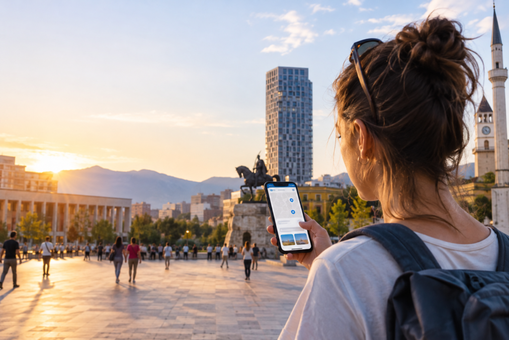 Abolizione roaming UE-Balcani occidentali 2026: viaggiatrice con smartphone a Tirana