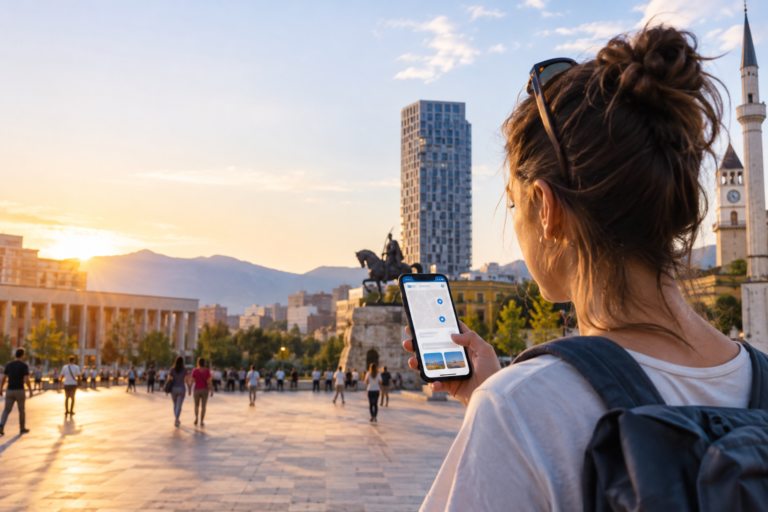 Abolizione roaming UE-Balcani occidentali 2026: viaggiatrice con smartphone a Tirana