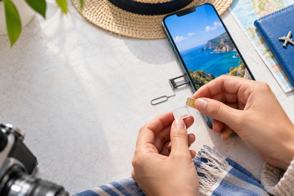 Adattatore scheda SIM con nano-SIM e smartphone pronto all’inserimento