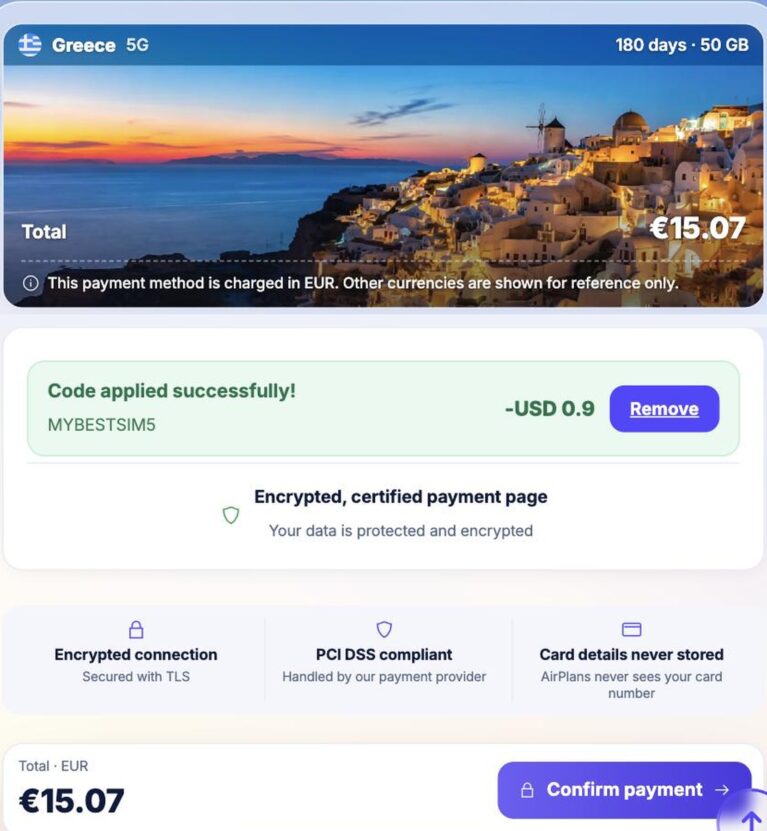 AirPlans order summary with promo code MYBESTSIM5 applied and 5% off
