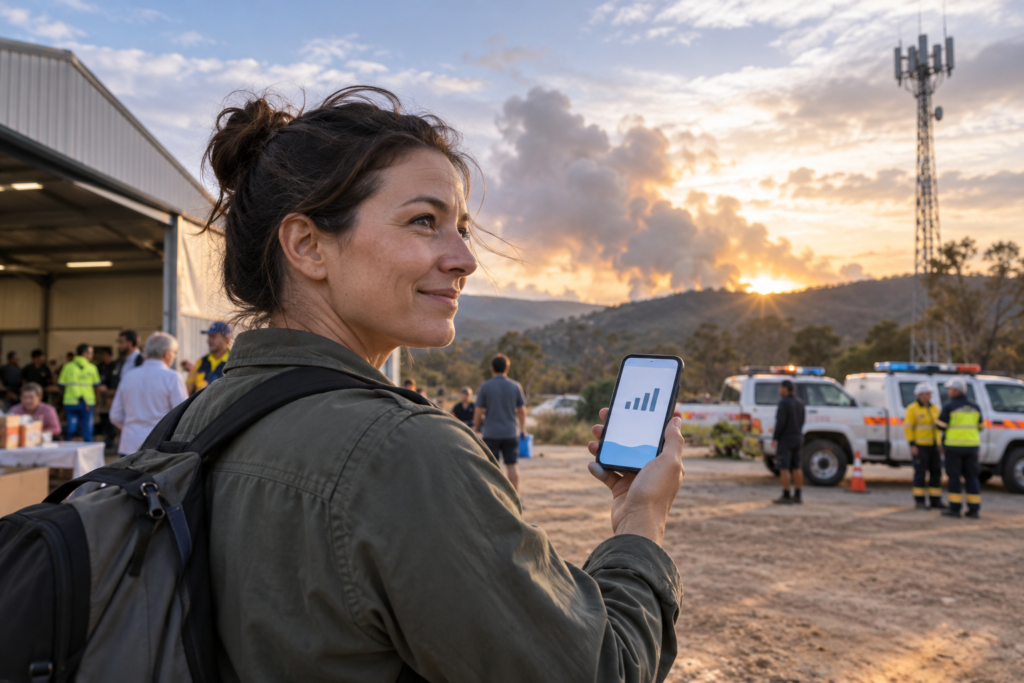 Australia emergency mobile roaming during disasters: traveller checking a phone near a rural evacuation centre