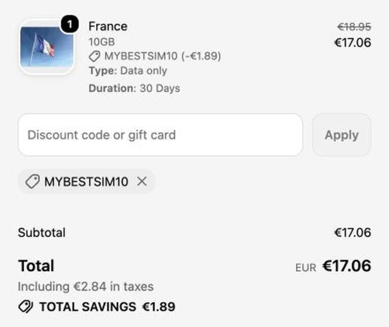Ordresammendrag fra Breeze med rabattkoden MYBESTSIM10 brukt og -10% rabatt